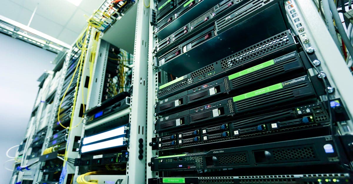 High-tech server rack in a secure data center with network cables and hardware components.